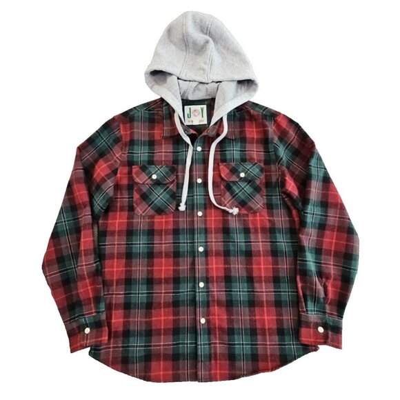 Free Planet Christmas Flannel Hoodie Men's Large Long Sleeve Button-Up EUC LN - Picture 1 of 16